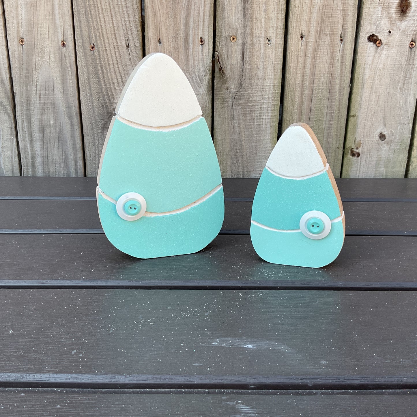 AGD Halloween Decor - Pastel Teal Green Chunky Wood Candy Corn Sitters 2pc Set