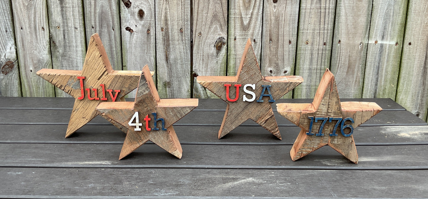 AGSD Patriotic Decor - July 4th Rustic Neutral Chunky Wood Star Sitters 4pc