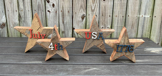 AGSD Patriotic Decor - Rustic Neutral Chunky Reclaimed Wood Star Sitters 4-Piece Set
