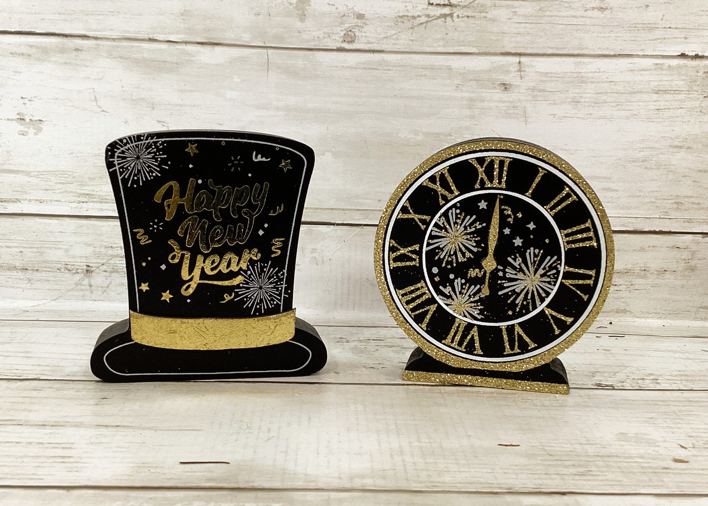 HL New Year's Eve Decor - Top Hat Clock Wood Sign Sitters 2pc