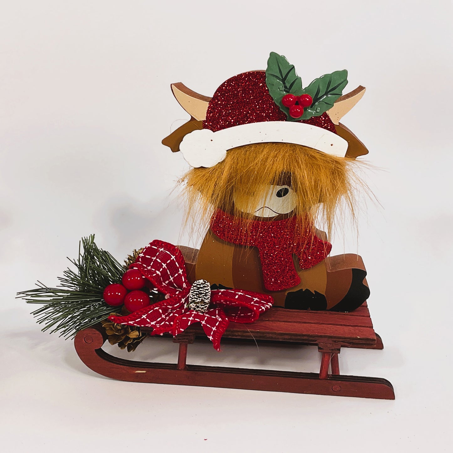 AGSD Christmas Decor - Chunky Wood Highland Cow Reindeer and Sleds 2pc