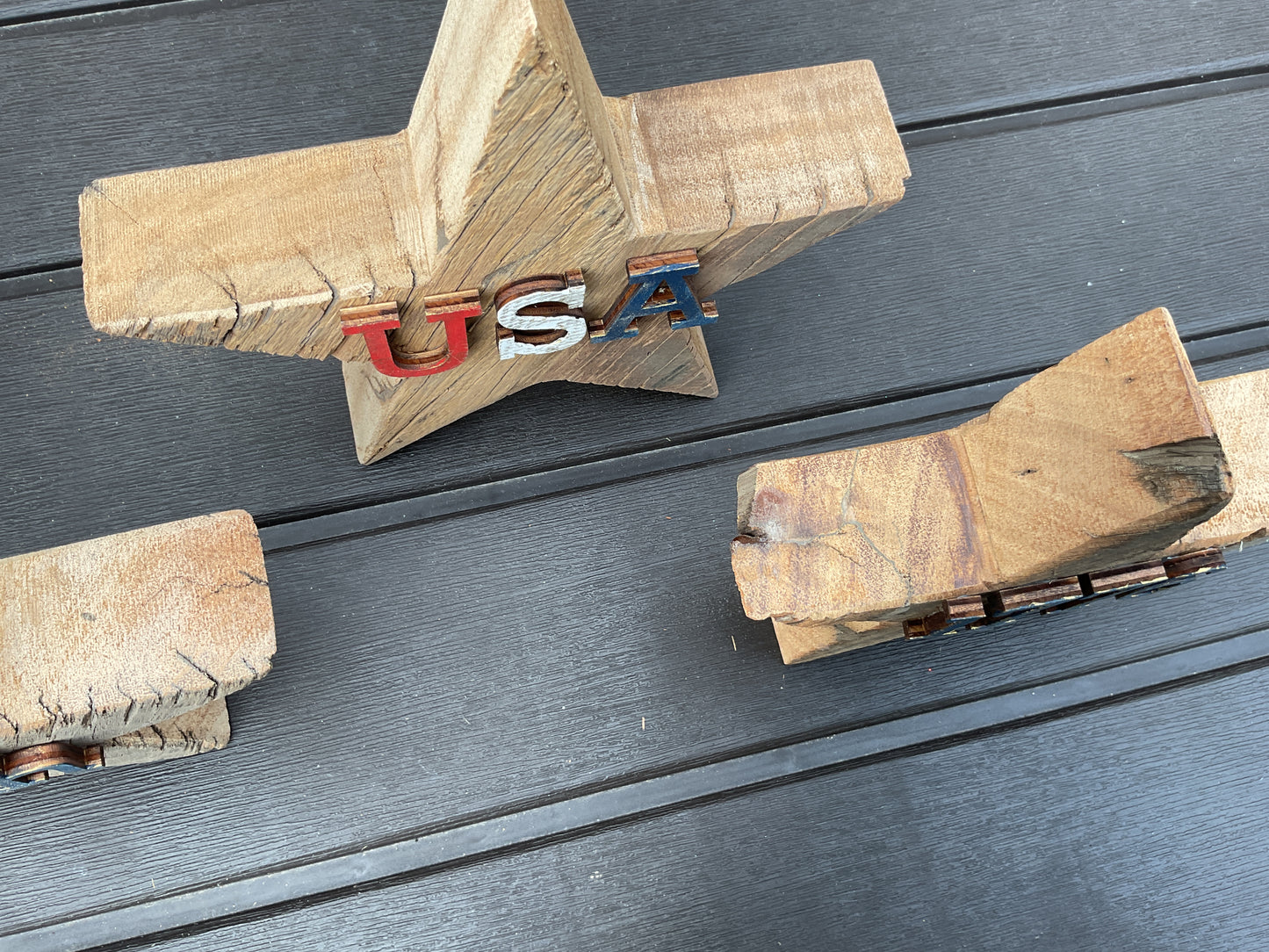 AGSD Patriotic Decor - July 4th Rustic Neutral Chunky Wood Star Sitters 4pc