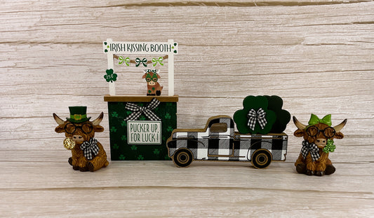 AGSD St Patrick's Decor - Highland Cow Figurine Booth Truck Tier Tray 4pc Set
