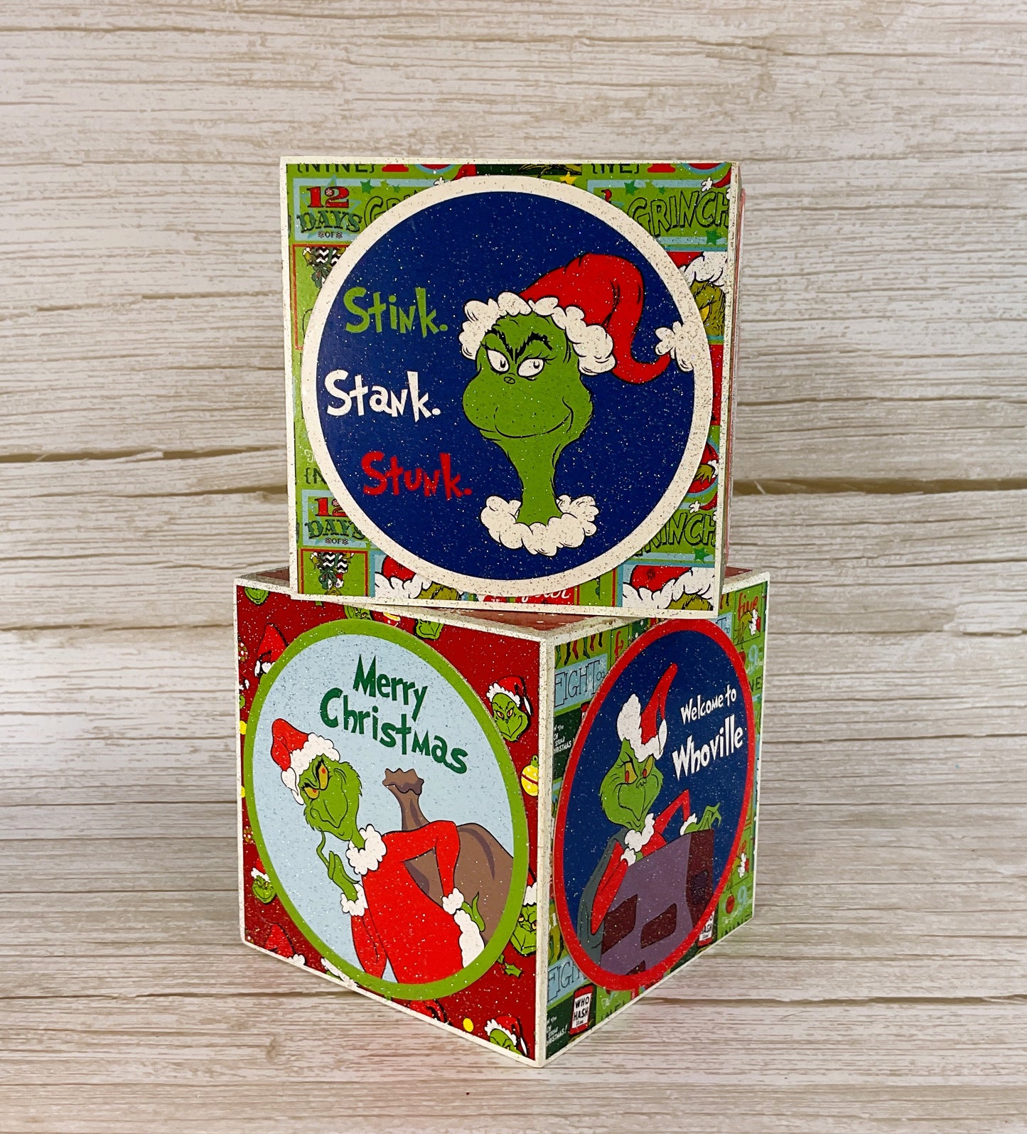 AGSD Christmas Decor - Green Whimsy Block Signs 2pc Set