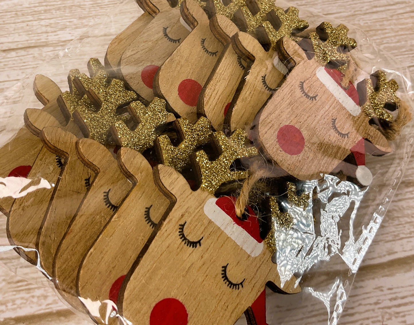 Christmas Decor - Small Wood Red-nose Reindeer Antler Ornaments 12ct