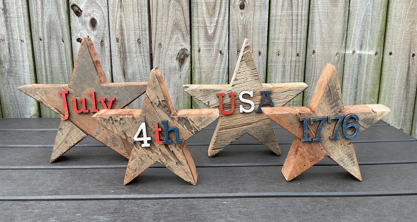 AGSD Patriotic Decor - July 4th Rustic Neutral Chunky Wood Star Sitters 4pc