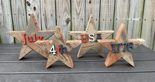 AGSD Patriotic Decor - Rustic Neutral Chunky Reclaimed Wood Star Sitters 4-Piece Set
