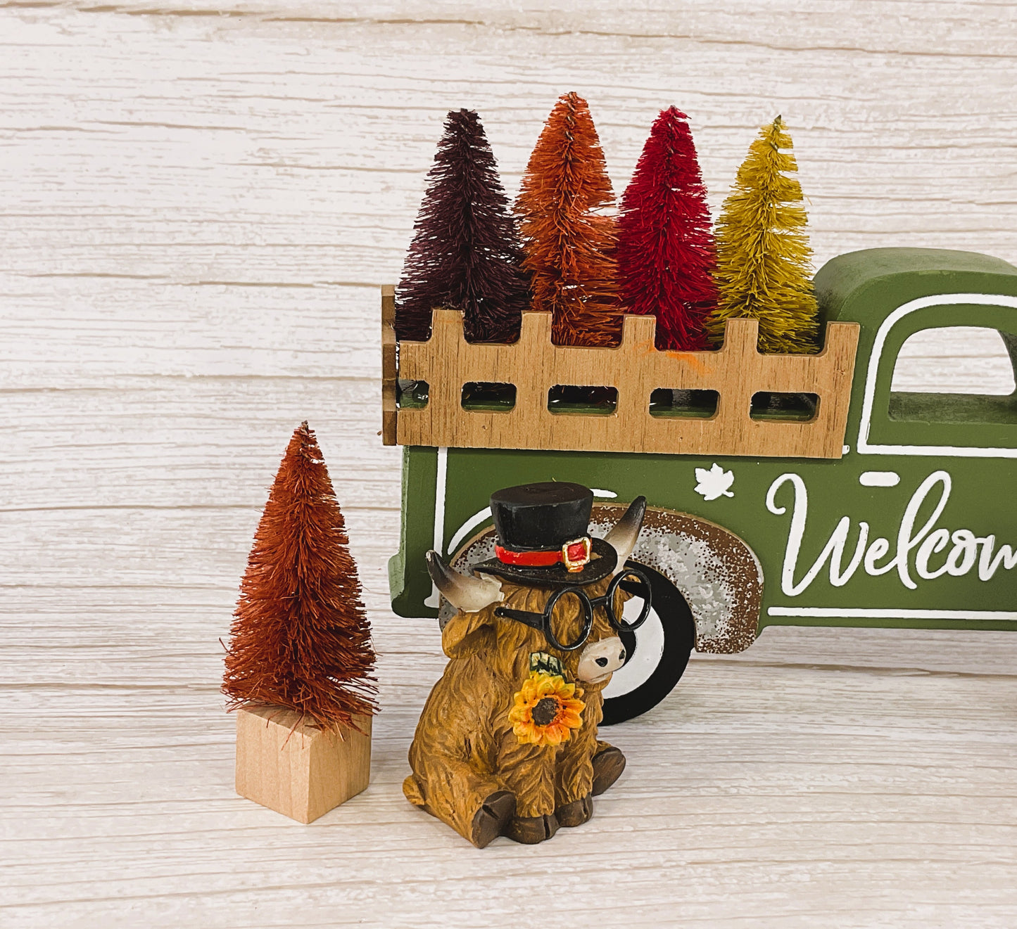AGSD Fall Decor - Highland Cows Wood Truck Sisal Trees Tabletop Display