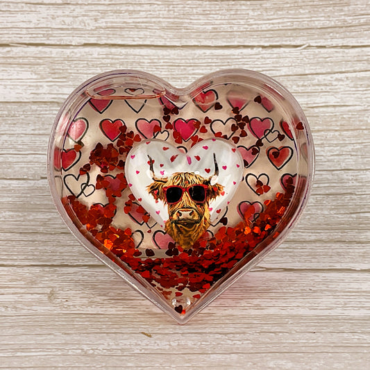 AGSD Valentines Decor - Glam Highland Cow Heart Water Globe Shaker