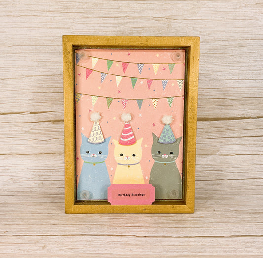 AGSD Home Decor - Birthday Blessings Party Hat Kitty Cat Tabletop Box Sign