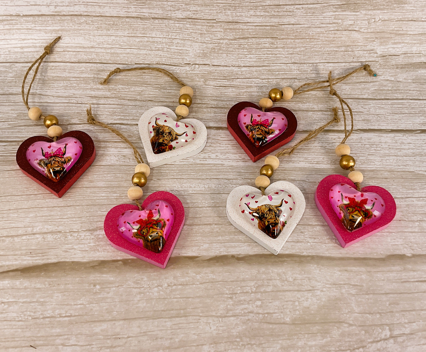 AGSD Valentine Decor – Highland Cow Wood Glass Ornaments 6pc Set