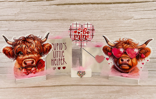 AGSD Valentines Decor - Glam Highland Cow Block Sign Tier Tray 5pc Set