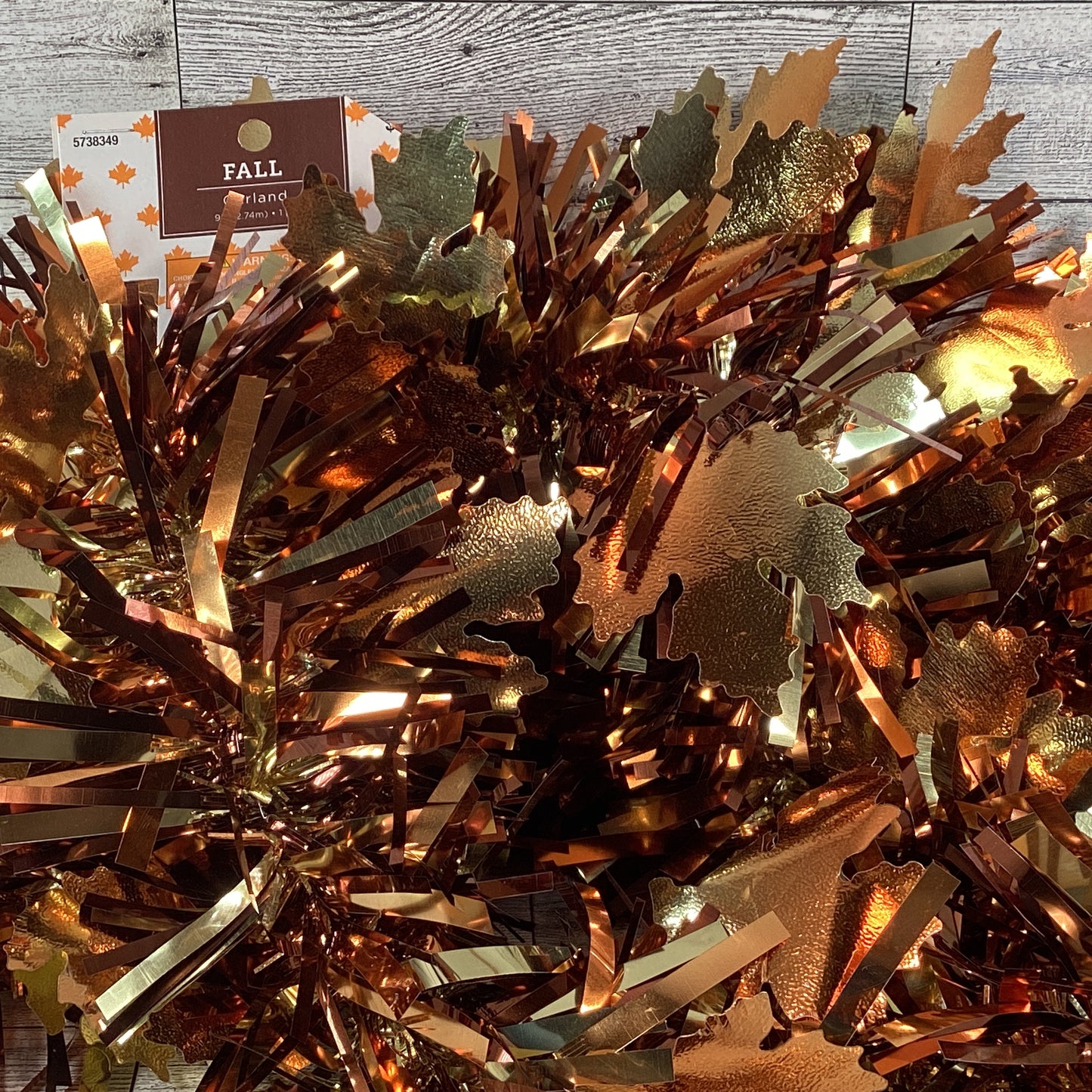 HL Fall Decor - NEW Thick Tinsel Metallic Copper Brown Leaf Garland 9ft