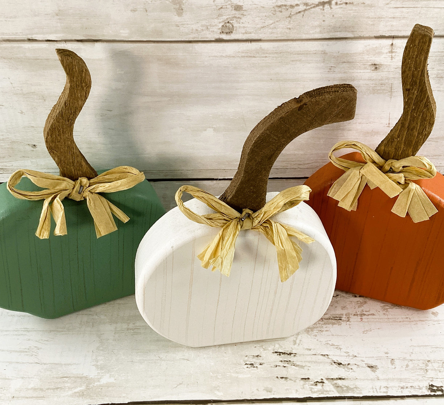 Fall Decor - Wood Teal Orange White Farmhouse Whimsy Pumpkins 3pc