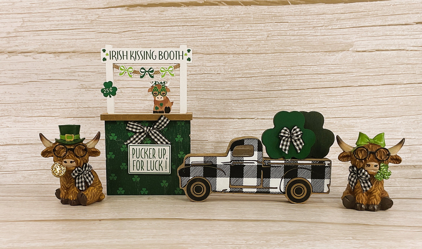 AGSD St Patrick's Decor - Highland Cow Figurine Booth Truck Tier Tray 4pc Set