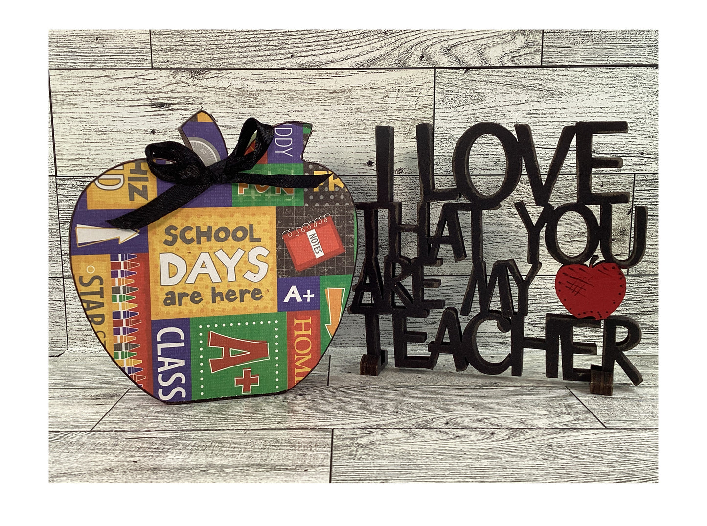 AGSD Teacher Gift Decor - Love My Teacher Sign Chunky Wood Apple 2pc Set