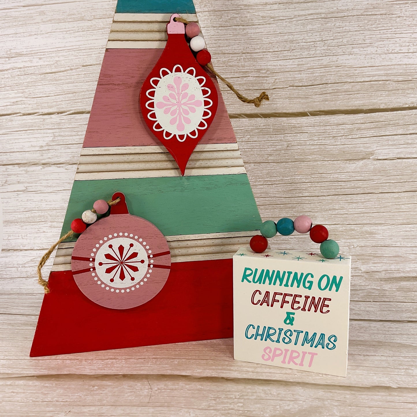 AGSD Christmas Decor -Retro Pink Blue Teal Wood Slat Tree & Sign 2pc