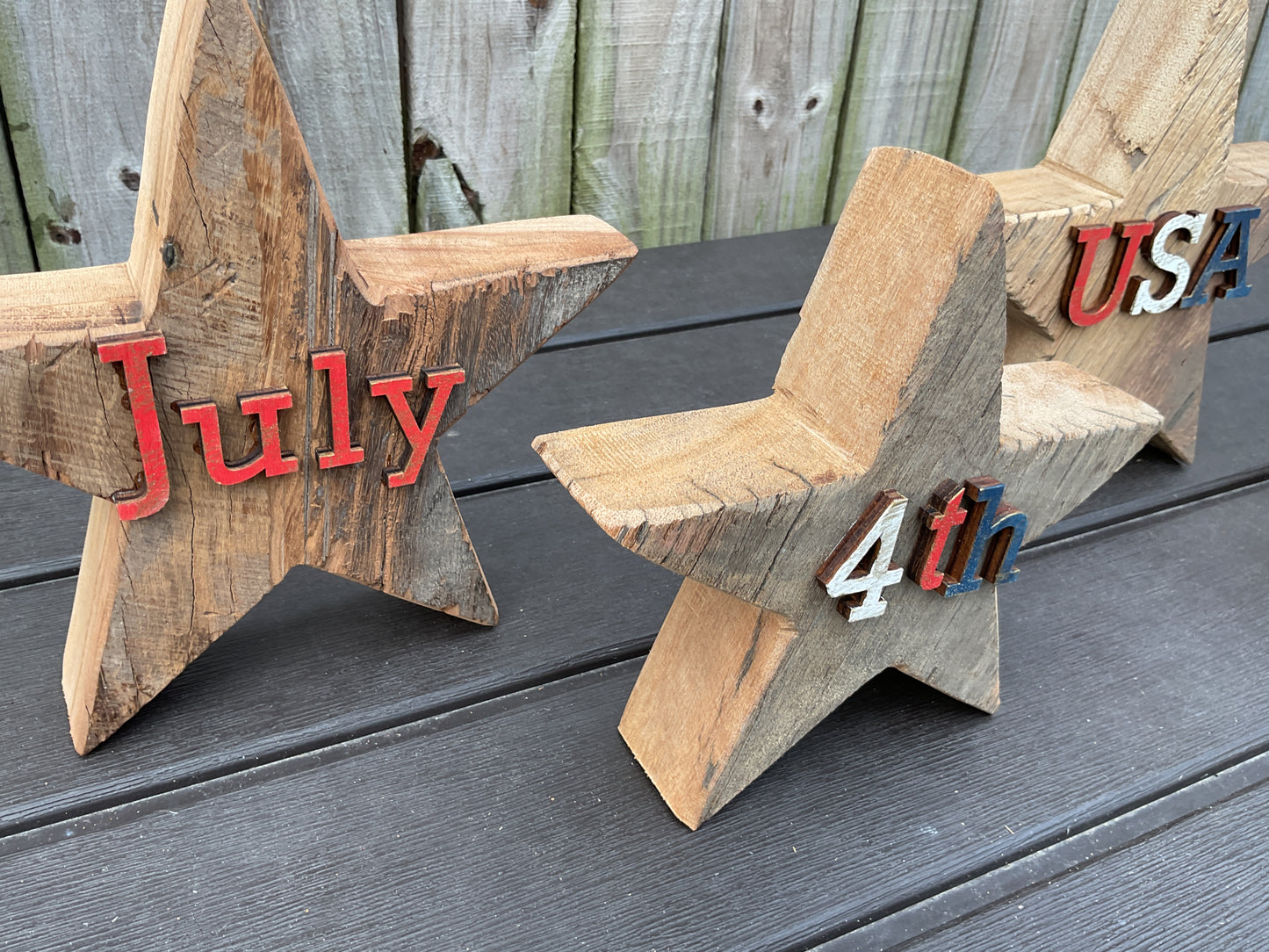 AGSD Patriotic Decor - July 4th Rustic Neutral Chunky Wood Star Sitters 4pc