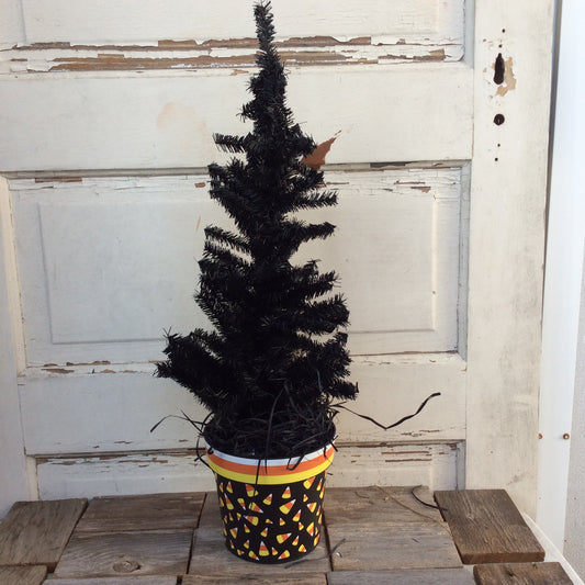 AGD Halloween Decor - Candy Corn Pot Artificial Black Pine Tree 2ft.