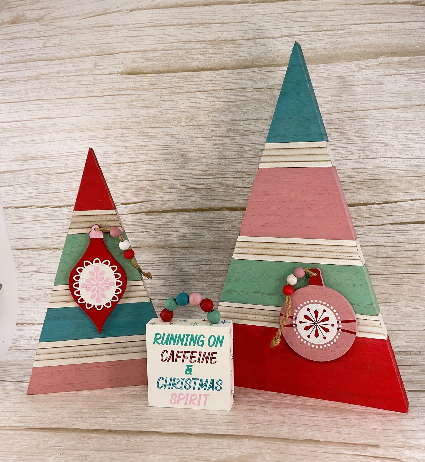 AGSD Christmas Decor - Retro Pink Blue Teal Wood Slat Trees & Sign 3pc