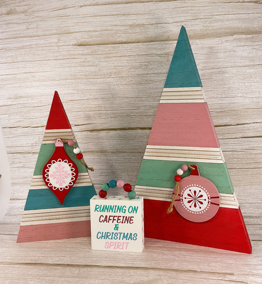 AGSD Christmas Decor - Retro Pink Blue Teal Wood Slat Trees & Sign 3pc
