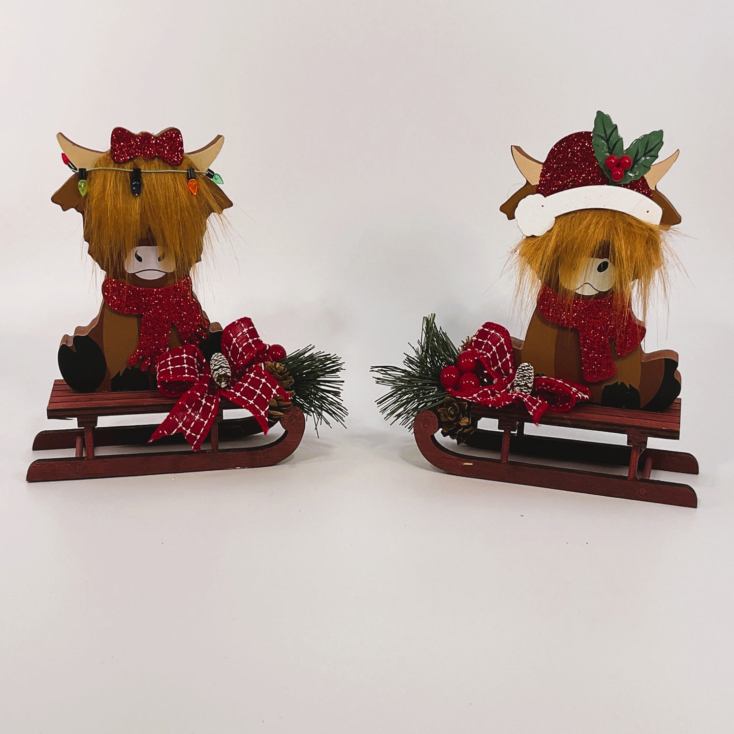AGSD Christmas Decor - Chunky Wood Highland Cow Reindeer and Sleds 2pc